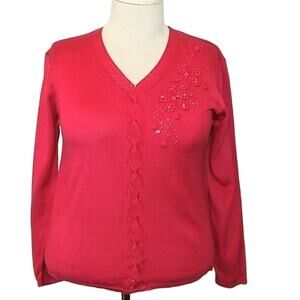 Jenny Womens XL Red Knit V Neck Button Up Cardigan Sweater Beaded Holiday